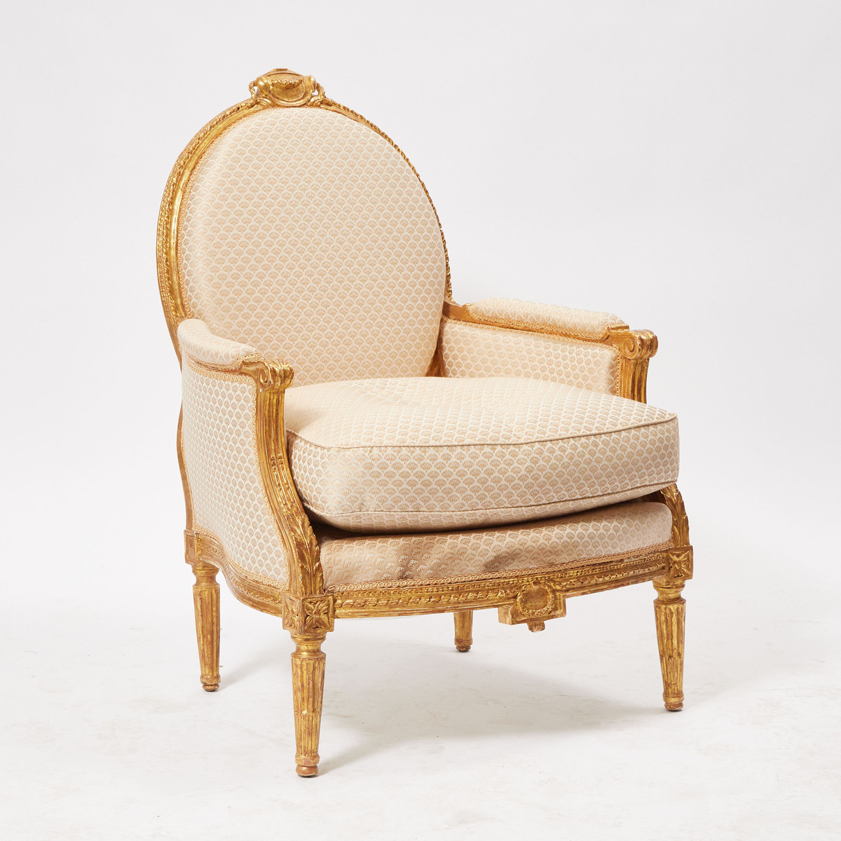 Louis XVI Giltwood Bergère, c.1780, 39 x 28 x 31 in — 99.1 x 71.1 x 78.7 cm