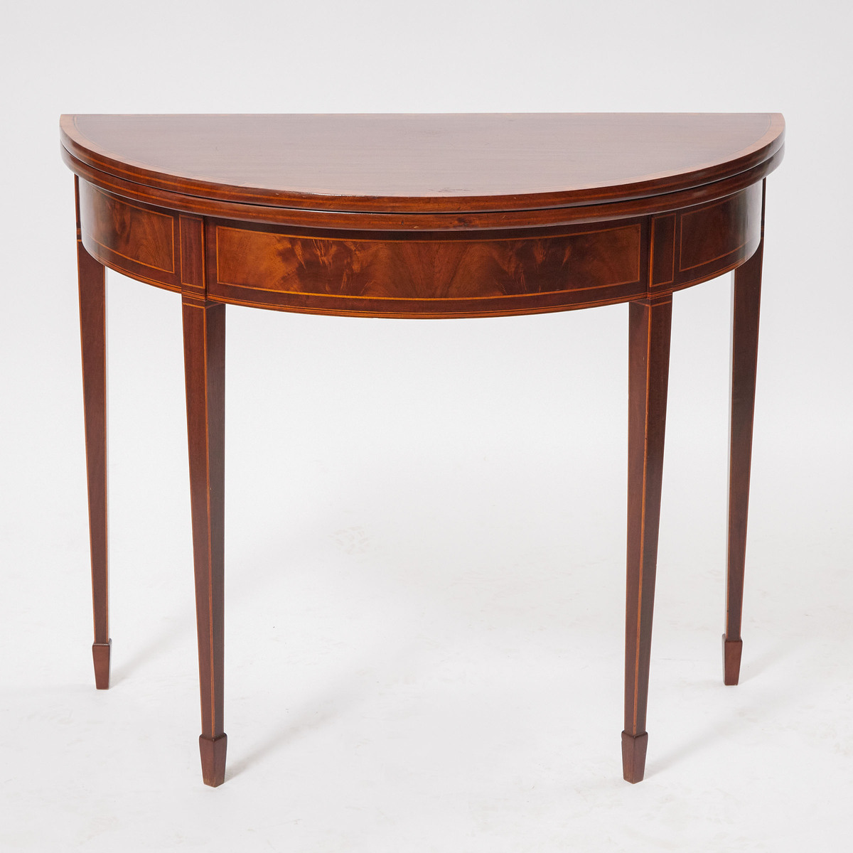 George III Style Satinwood Strung Flame Mahogany Demi-Lune Folding Card Table, 20th century, 30.5 x