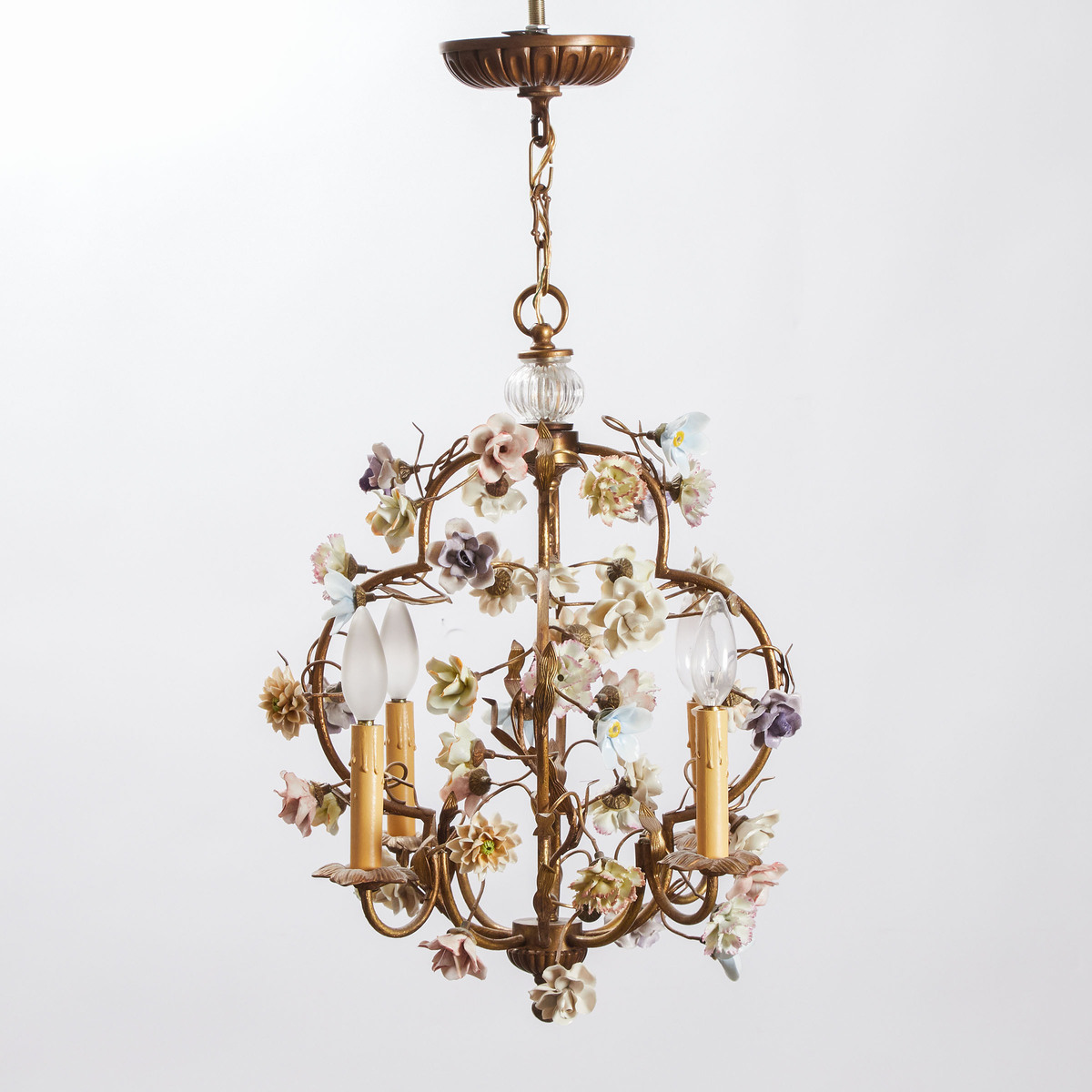 French Vincennes Porcelain Mounted Gilt Tole Four-Light Chandelier, early 20th century, approx. heig - Image 2 of 2