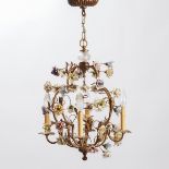 French Vincennes Porcelain Mounted Gilt Tole Four-Light Chandelier, early 20th century, approx. heig