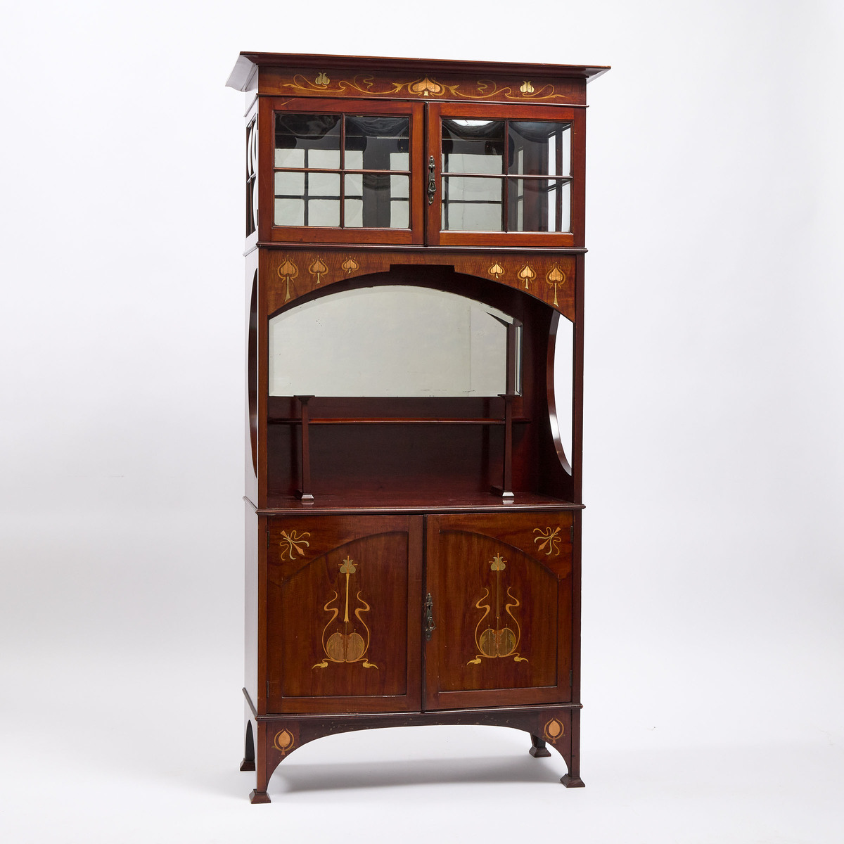 English Arts and Crafts Inlaid Mahogany Vitrine Cabinet, Shapland & Petter, Barnstaple, c.1900, 69.7