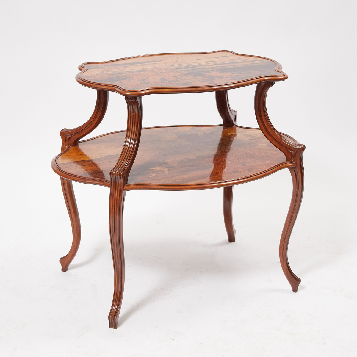 Émile Gallé Walnut, Fruit and Burl Wood Marquetry Two-Tier Tea Table, c.1890, 31.5 x 35.5 x 27 in —