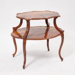 Émile Gallé Walnut, Fruit and Burl Wood Marquetry Two-Tier Tea Table, c.1890, 31.5 x 35.5 x 27 in —