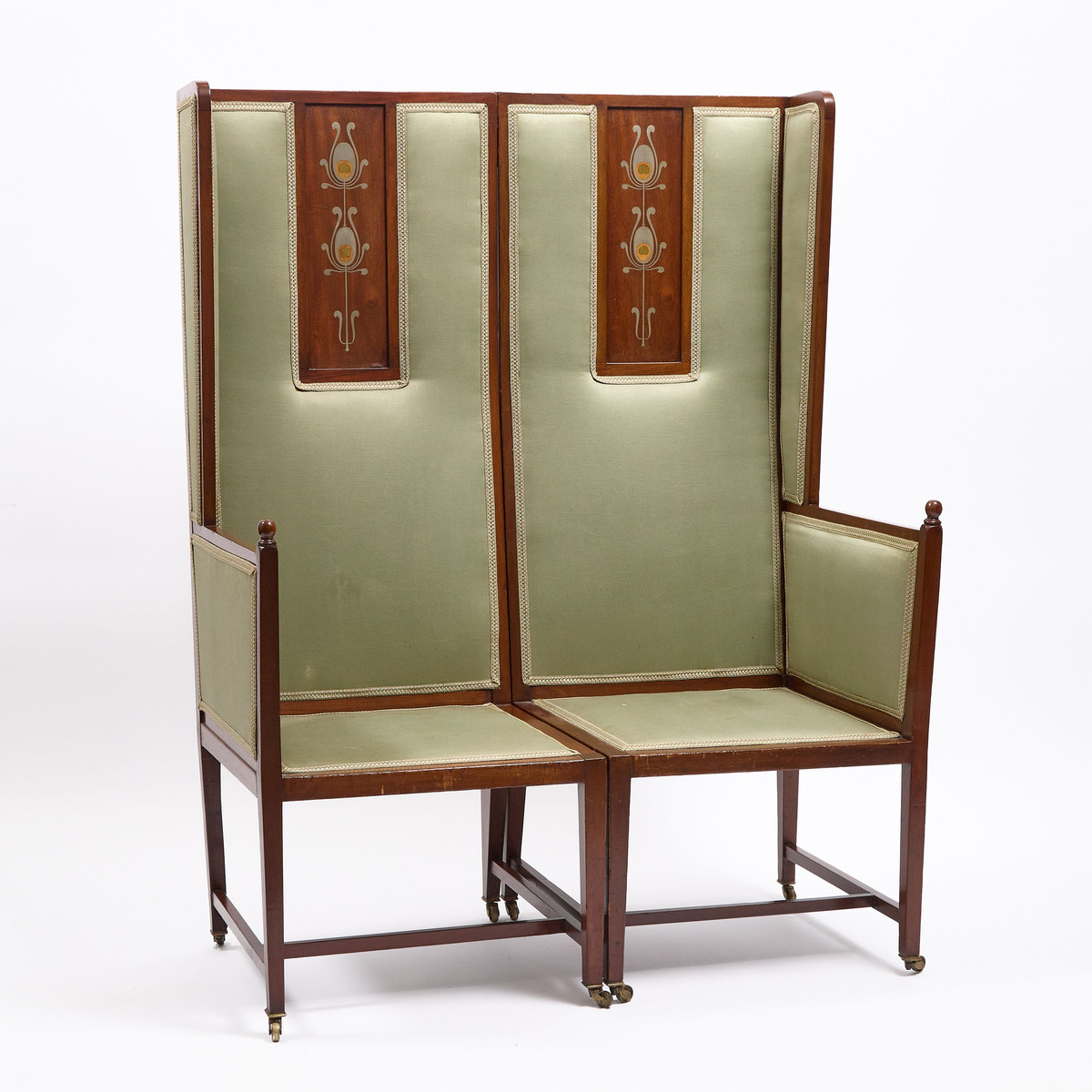 George Logan for Wylie and Lochhead Pewter and Brass Inlaid Mahogany Folding Settle, c.1900, 55.5 x