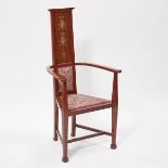 George Logan for Wylie and Lochhead Brass and Pewter Inlaid Mahogany Open Arm Chair, c.1906, 46.5 x