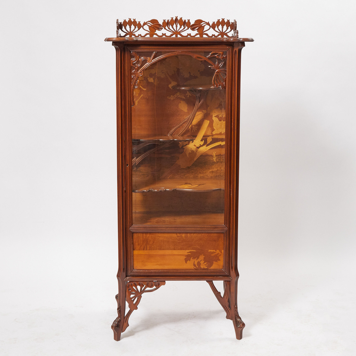 Émile Gallé Carved Walnut and Fruitwood Marquetry Vitrine de Salon, c.1900, 66.5 x 29.5 x 20.25 in — - Image 2 of 3