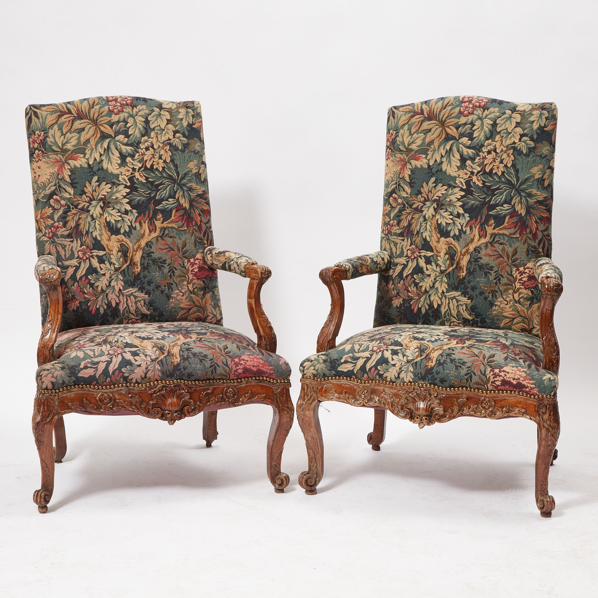 Pair of Early Louis XV Carved Walnut Fauteuils, c.1740, 44 x 28.5 x 28 in — 111.8 x 72.4 x 71.1 cm