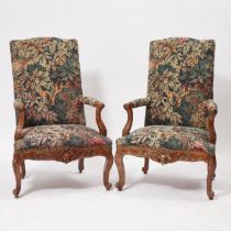 Pair of Early Louis XV Carved Walnut Fauteuils, c.1740, 44 x 28.5 x 28 in — 111.8 x 72.4 x 71.1 cm