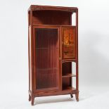 Louis Majorelle Carved and Fruitwood and Rosewood Inlaid Mahogany Tall Vitrine Cabinet, c.1900, 77.2
