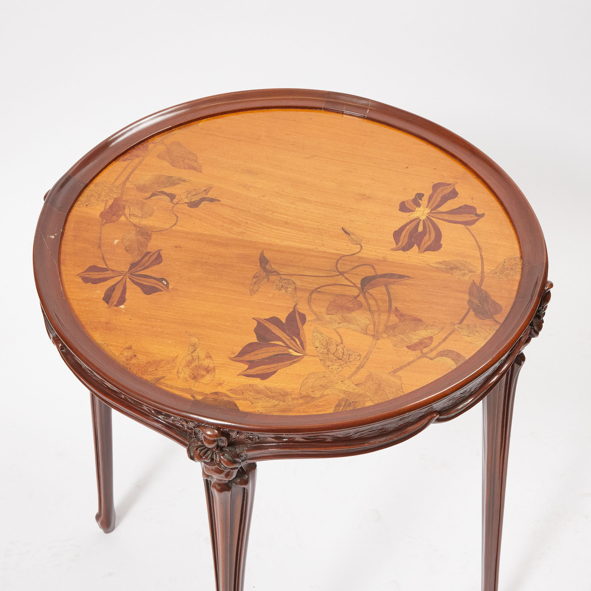 French Art Nouveau Carved Mahogany and Fruitwood Marquetry Centre or Side Table, Nancy, early 20th c - Image 2 of 2