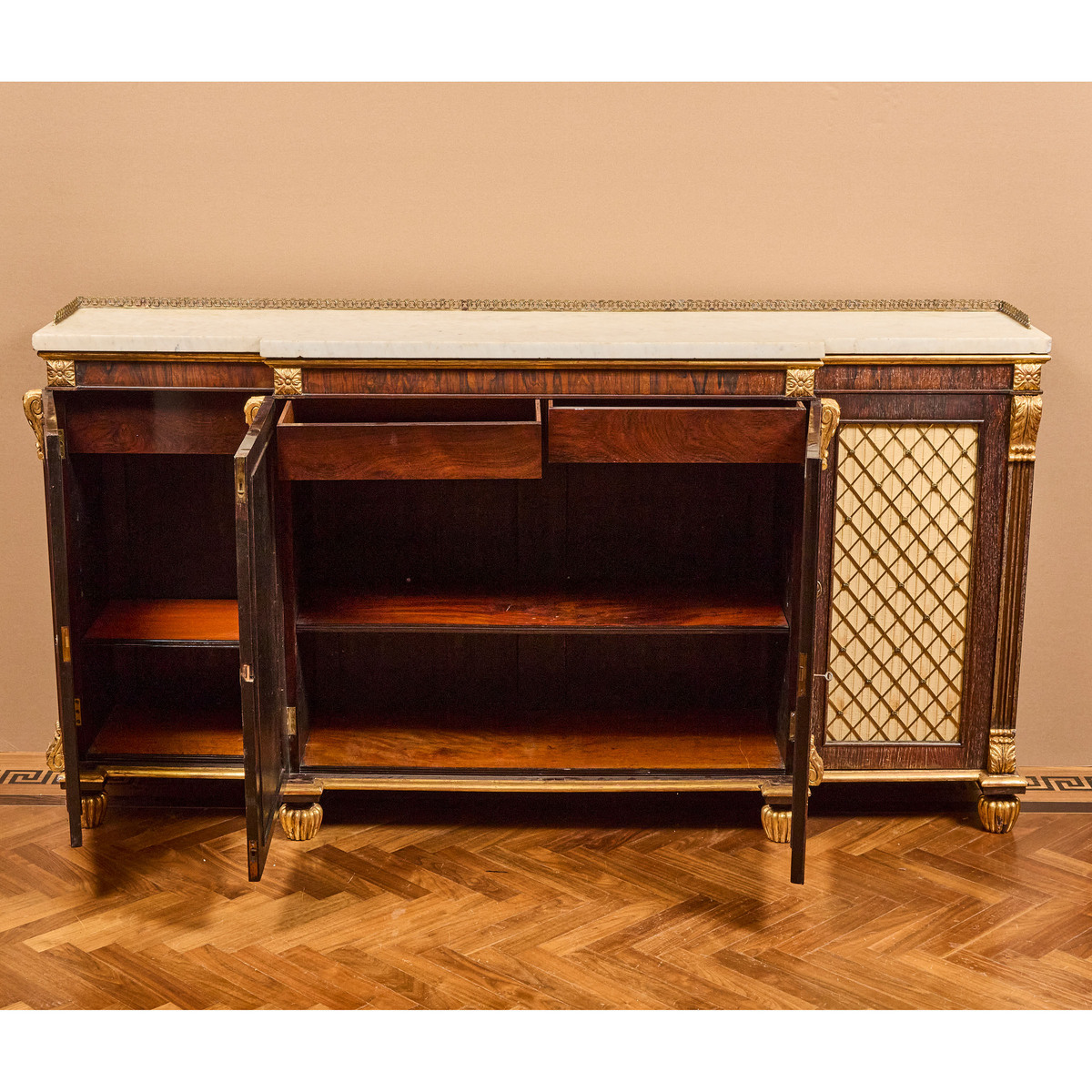 English Regency Parcel Gilt Rosewood Breakfront Side Cabinet, c.1820, 38.5 x 74 x 16 in — 97.8 x 188 - Image 3 of 3