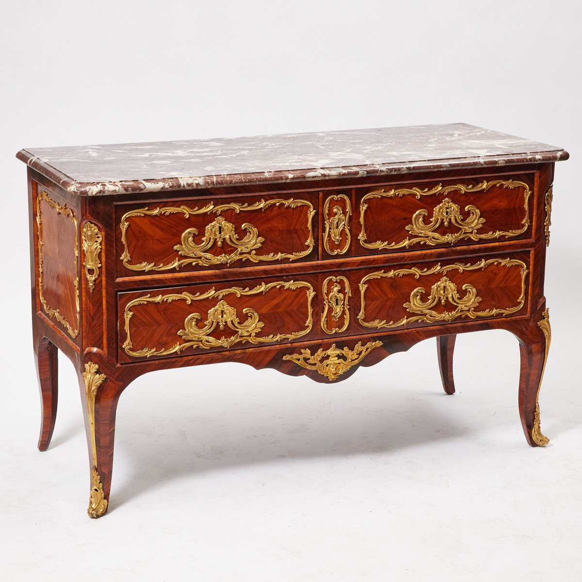 Louis XV/XVI Transitional Ormolu-Mounted Tulipwood and Purplewood Parquetry Commode by Delormé, 1750