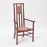 J.S. Henry Art Nouveau Mahogany Open Arm Library Chair, c.1900, 46.25 x 25 x 22 in — 117.5 x 63.5 x