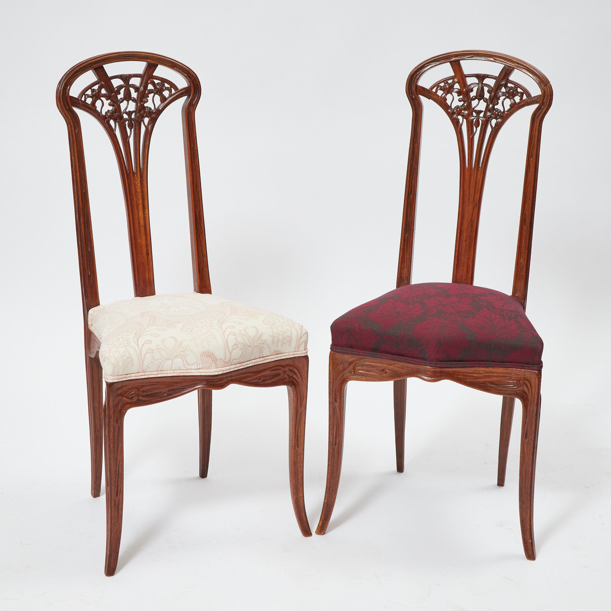 Pair of Louis Majorelle Frères et Cie Carved Mahogany 'Clematis' Side Chairs, c.1900, 37 x 17 x 19.2