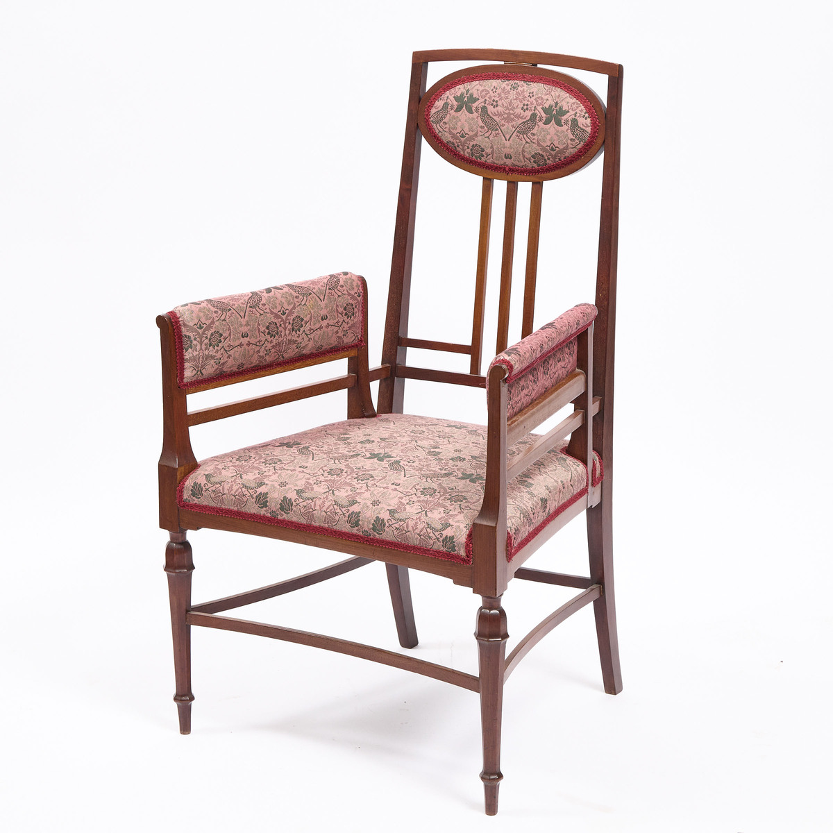 George Montague Ellwood for J.S. Henry Art Nouveau Mahogany Open Arm Library Chair, c.1900, 38.25 x