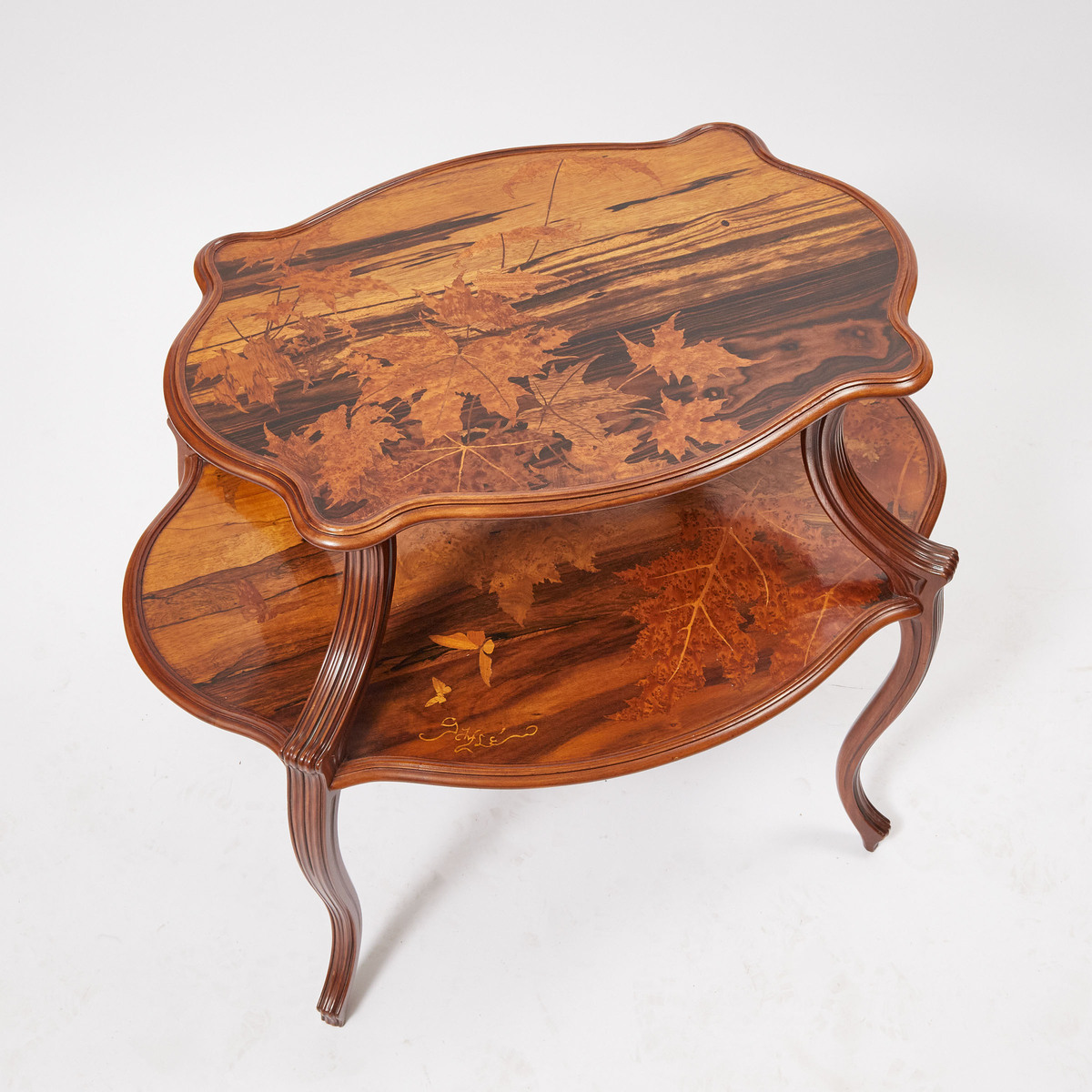 Émile Gallé Walnut, Fruit and Burl Wood Marquetry Two-Tier Tea Table, c.1890, 31.5 x 35.5 x 27 in — - Image 2 of 2