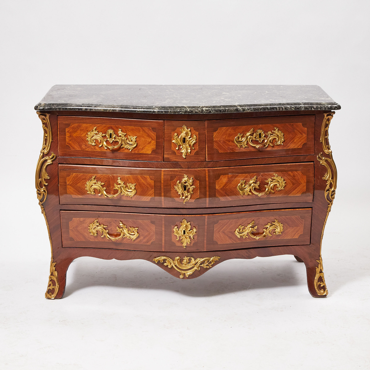 Louis XV Ormolu Mounted Kingwood and Tulipwood Marble Top Commode en Tombeau, c.1730, C.J. Dufour