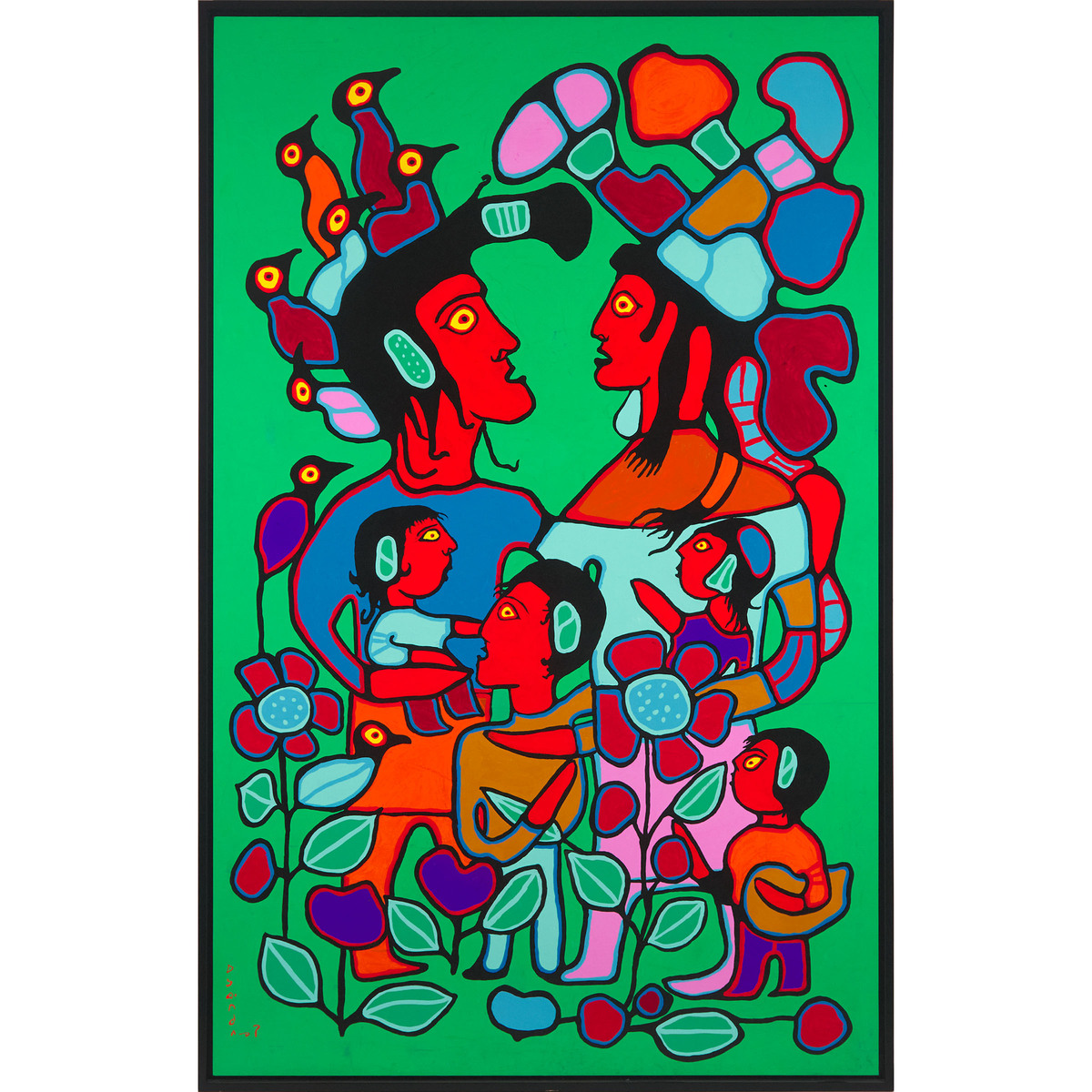 Norval Morrisseau, RCA (1931-2007), OJIBWA FAMILY MOTIF WITH TREE OF KNOWLEDGE, 1991, 87 x 54 in — 2 - Image 2 of 5