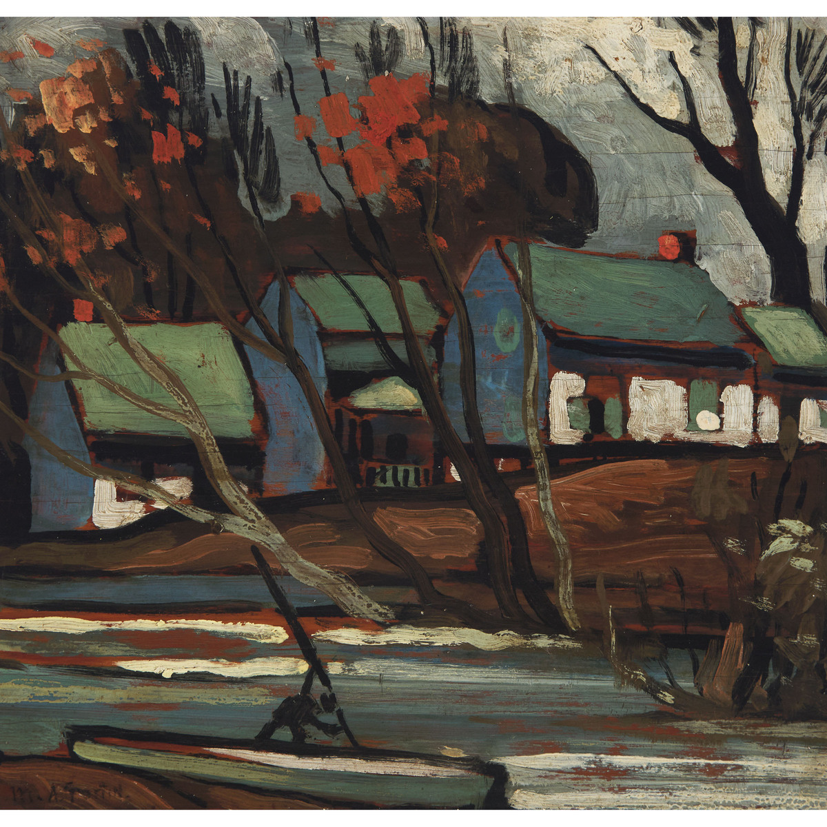Marc-Aurèle Fortin, RCA (1888-1970), OCTOBER STE. ROSE, CA. 1935, 11 x 11.75 in — 27.9 x 29.8 cm