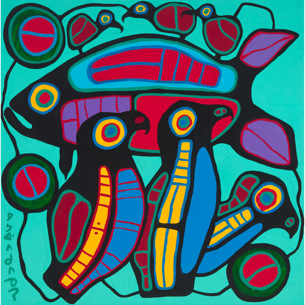 Norval Morrisseau, RCA (1931-2007), FISH AND FOWL FORMS - COMPOSITION, 1990, 40 x 40 in — 101.6 x 10