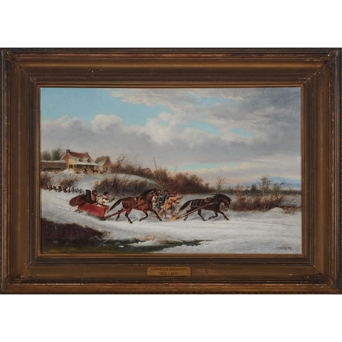 Attributed to Cornelius David Krieghoff (1815-1872), THE SLEIGH RACE, QUEBEC, 1856, 14 x 21.75 in — - Image 2 of 6