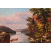 Cornelius David Krieghoff (1815-1872), UNTITLED (CANOE IN AUTUMN), CA. 1860, 9 x 12.875 in — 22.9 x