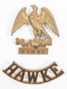 WWI Royal Naval Division Hawke Bn. cap badge by Gaunt, and a single brass "HAWKE" shoulder title. £