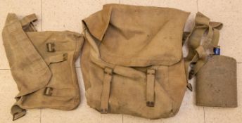 1908 pattern equipment: large pack dated 1915 (repaired), waistbelt dated 1917, water bottle and
