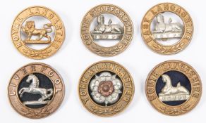 Six OR's helmet plate centres: King's Liverpool, Royal Lancaster, East Lancashire, South