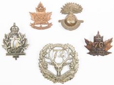 5 WWI CEF Infantry cap badges: 72nd with "CADET" scroll; 76th by Ellis & Co 1915; 77th, 78th; and