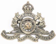 WWI Canadian CEF 53rd Overseas Field Battery Canadian Field Artillery cap badge, with two tangs.