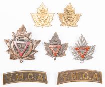 5 WWI Canadian Y.M.C.A. badges: bronze and enamel cap badges; a similar collar badge with pin