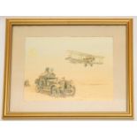 A watercolour painting of a DH4 bi-plane flying above an RAF Rolls Royce armoured car in a desert