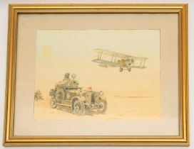 A watercolour painting of a DH4 bi-plane flying above an RAF Rolls Royce armoured car in a desert