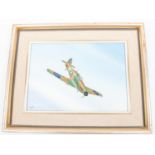 An oil painting on board of a Hawker Hurricane in flight, signed "DART", 13½" x 9½", in frame,