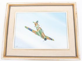 An oil painting on board of a Hawker Hurricane in flight, signed "DART", 13½" x 9½", in frame,