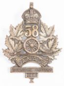 WWI Canadian CEF 58th Overseas Battery Canadian Field Artillery cap badge, with two lugs. GC £80-100