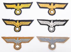 6 Third Reich embroidered breast eagles: three yellow on black (naval), one white on black (Panzer);