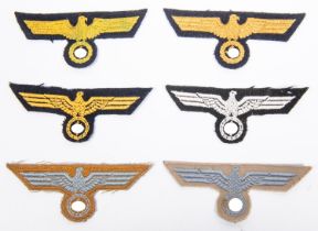 6 Third Reich embroidered breast eagles: three yellow on black (naval), one white on black (Panzer);