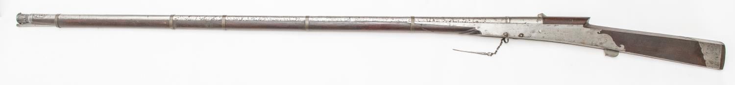 A large Indian matchlock gun, torador, 78" overall, heavy barrel 58" with flared and chiselled