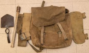 1908 patt equipment, 2 waist belts, large pack, E.T. blade bag dated 1916, entrenching tool and