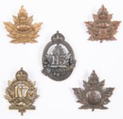 5 WWI CEF Infantry cap badges: 113th; 114th by Ellis & Co, 1916; 115th; 116th by Tiptaft; and 117th.