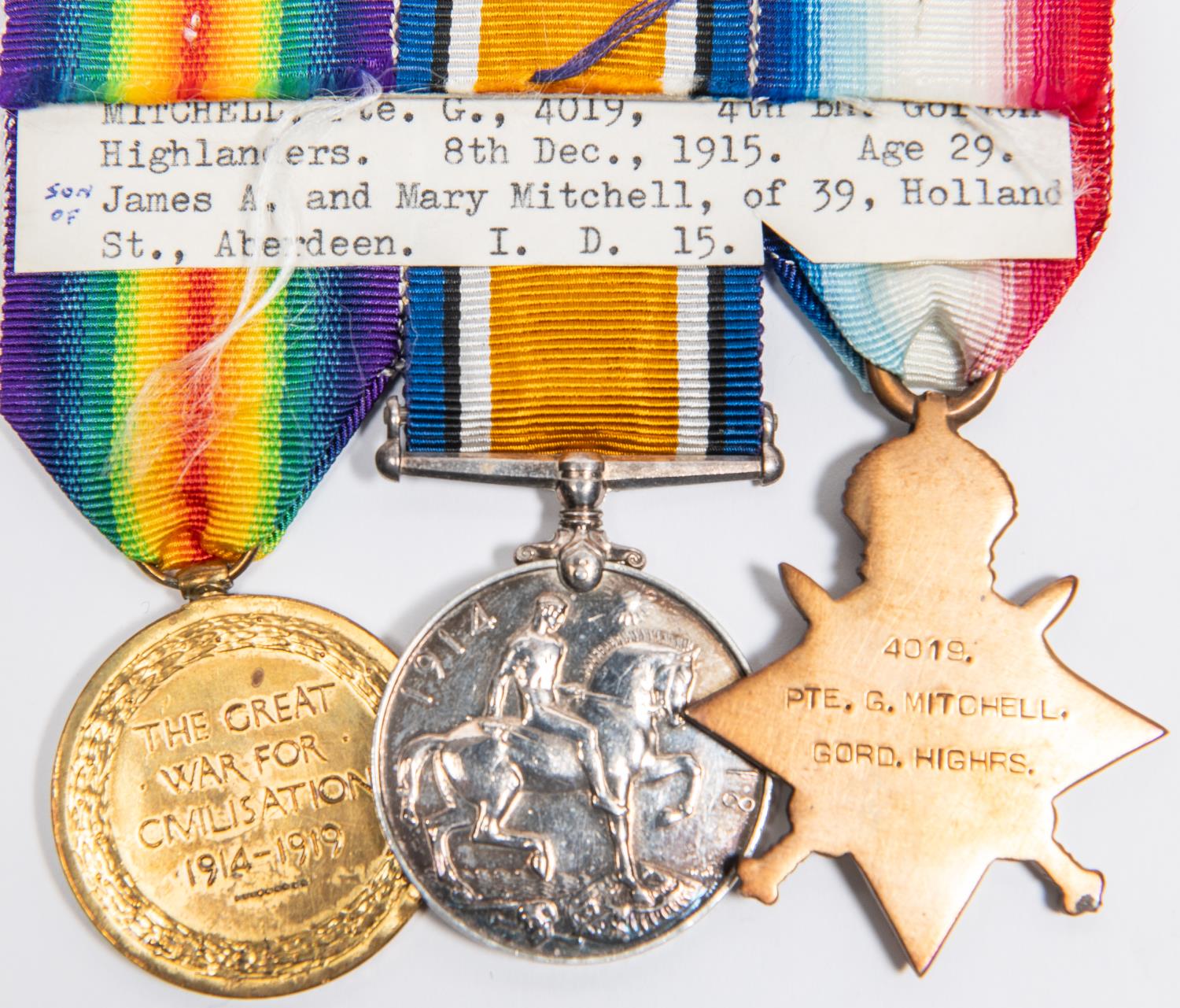 Three: 1914-15 star, BWM, Victory (4019 Pte G. Mitchell Gord. Highrs), GVF. Note: Private - Image 2 of 2