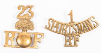 2 WWI Royal Fusiliers brass shoulder titles: I/SPORTSMANS/RF" and "23/R grenade/F" GC £60-120