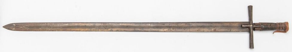 A 19th century Sudanese sword, kaskara, blade 34" with 3 narrow fullers and crescent moon marks, the
