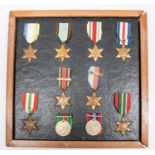 WWII medals: a display of 8 different WWII stars in frame, including Air Crew Europe, the 1939-45