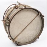 A brass framed side drum, with copper rims and steel stretcher bolts and fittings, 15" diameter.