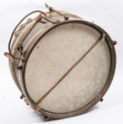A brass framed side drum, with copper rims and steel stretcher bolts and fittings, 15" diameter.