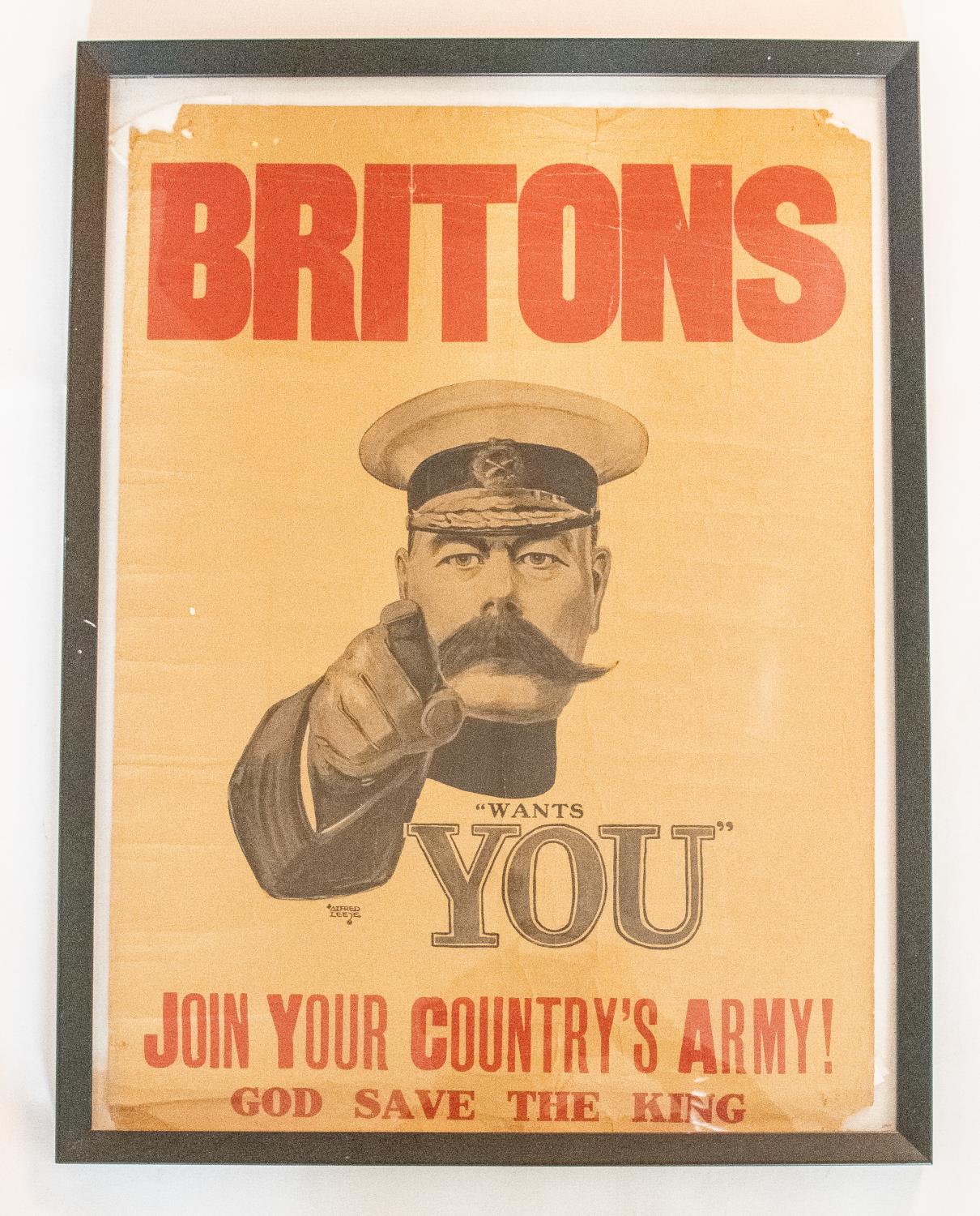 A WWI recruiting poster, depicting Kitchener and "Britons-(Kitchener) wants You, Join your Country's