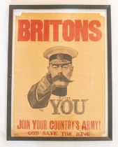 A WWI recruiting poster, depicting Kitchener and "Britons-(Kitchener) wants You, Join your Country's